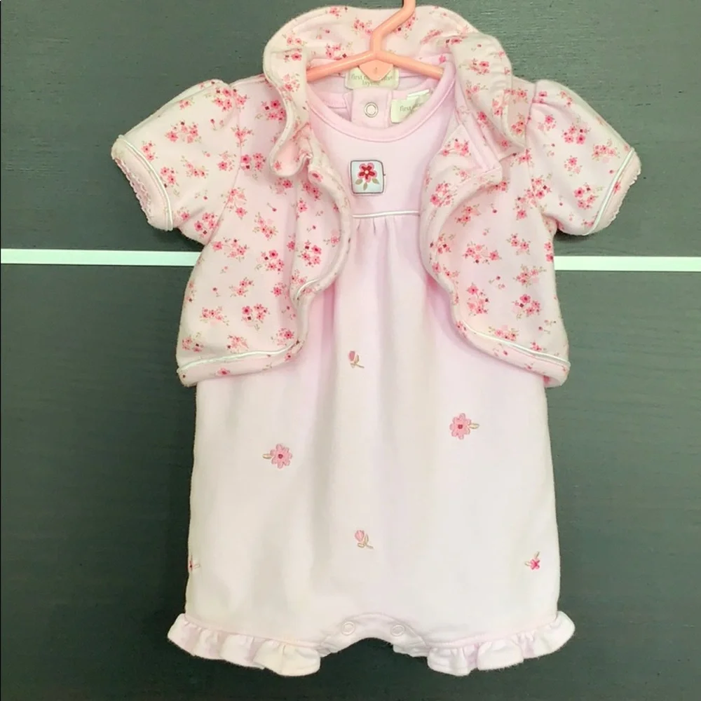 Baby Girls 2 Piece Pink Floral Romper Bodysuit and Jacket Set